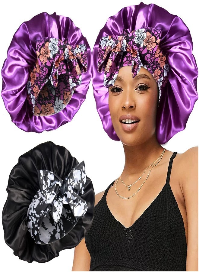 Heniho 2pcs Large Silky Bonnets with tie Band Braid Bonnet, Satin Bonnet for Sleeping Curly Hair, E - Image 1